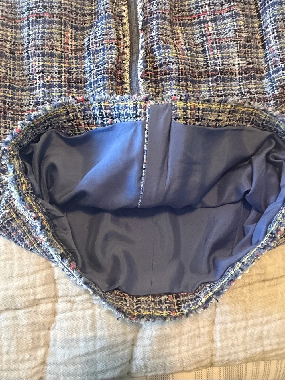 CHANEL Blue Multicolor Tweed Pencil Skirt with Fringed Trim